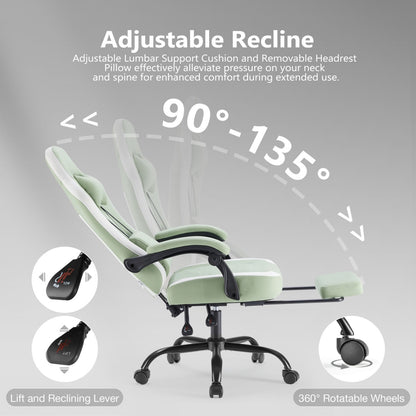 Computer Game Chair - Lumbar Support, Adjustable Height With Armrests And Headrests, 360 Rotating Wheels